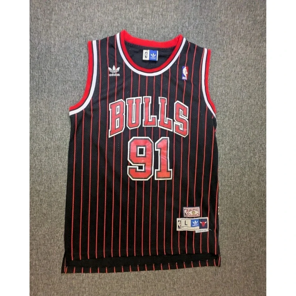Dennis Rodman #91 Chicago Bulls Adidas NBA Basketball Pinstripe Jersey Large +2